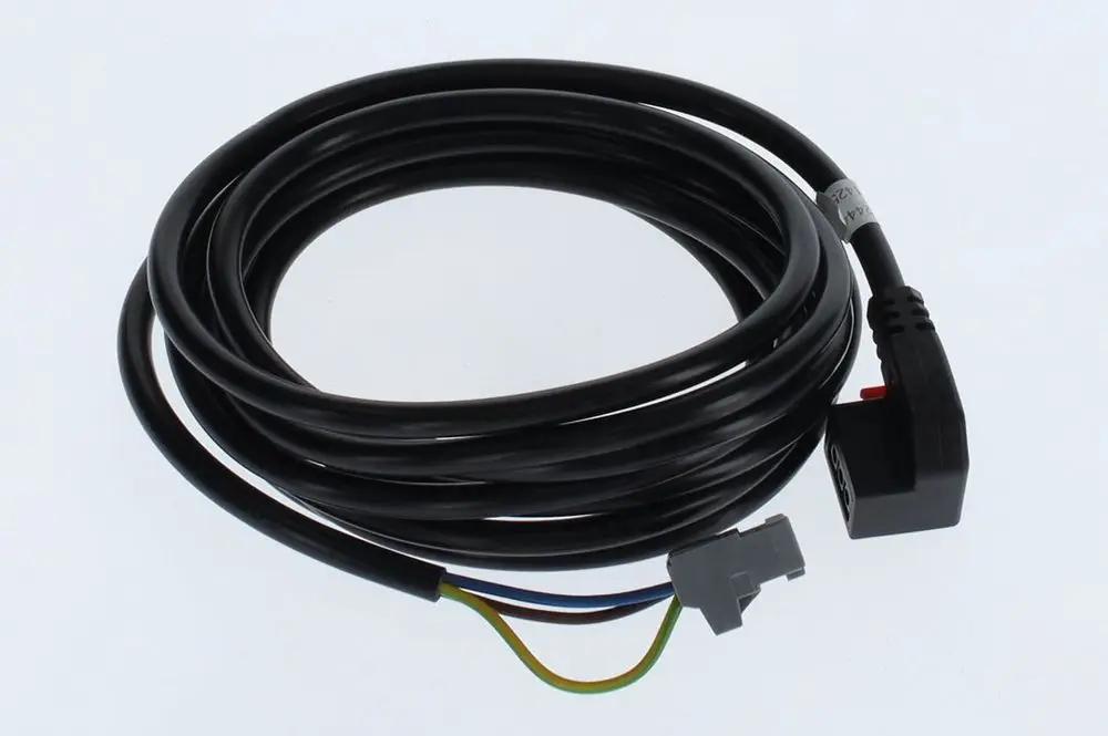 Schwarzes Kabel von Bosch mit einem grauen Stecker und mehreren Leitungen, die zu einem abgewinkelten Anschluss führen.
